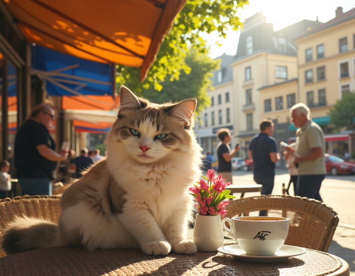 Cat sits contentedly at an outdoor cafe, enjoying the bustling streets and warm sunlight.